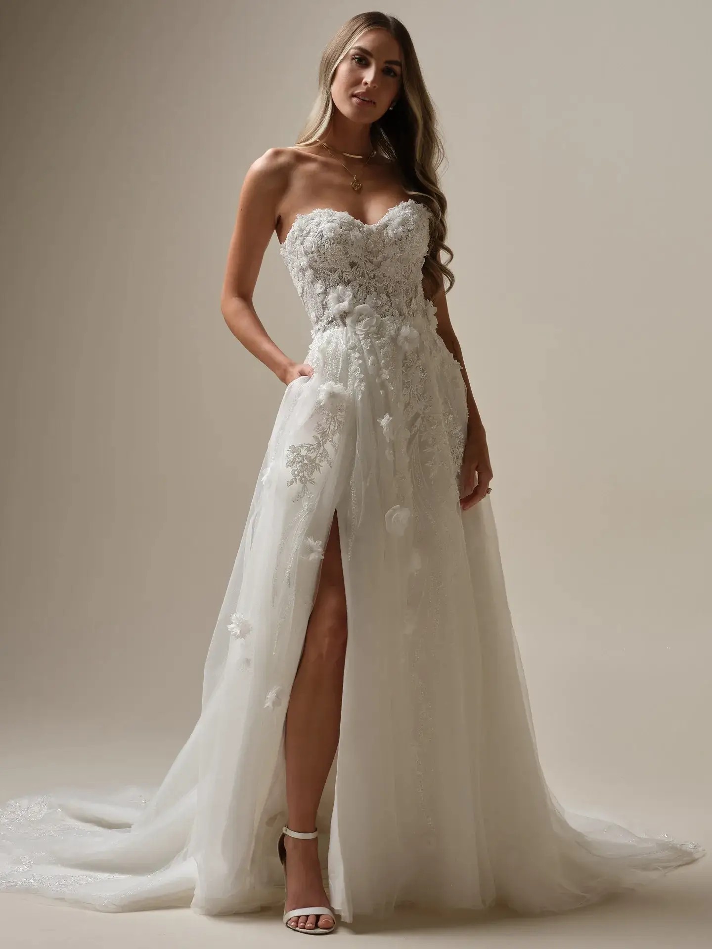 Strapless A-line wedding dress by Maggie Sottero, organza bridal gown