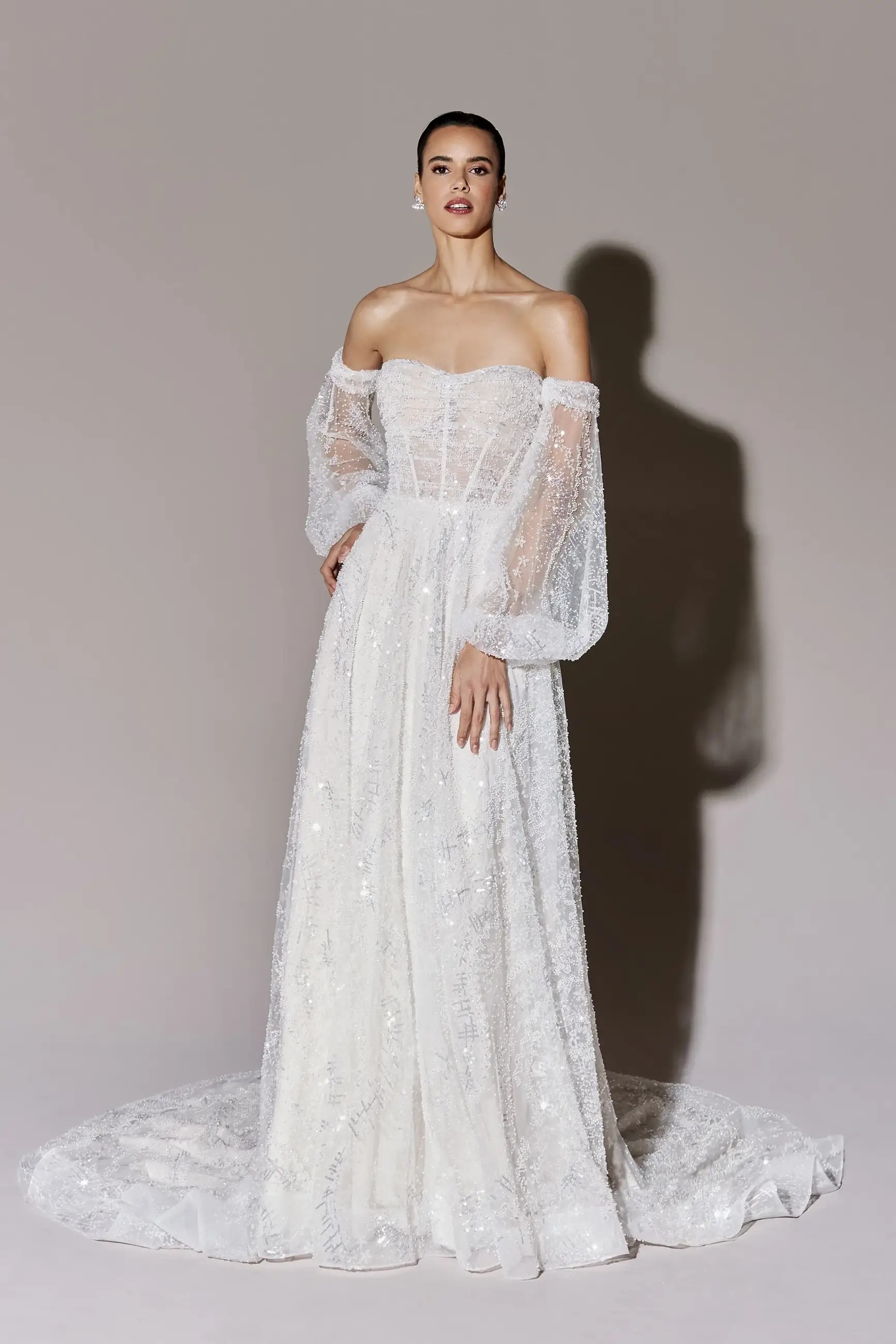 Allover lace wedding dress by Maggie Sottero, bridal gown with blouson sleeves