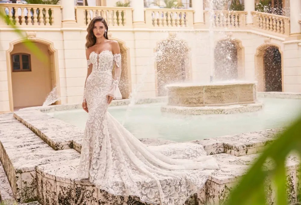 Model wearing a white bridal gown